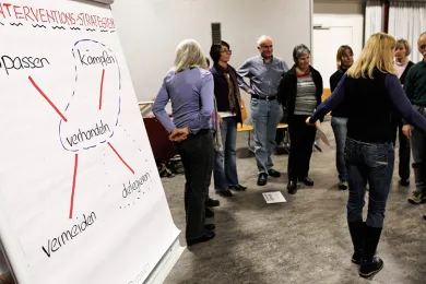 Eine Gruppe steht im Kreis und bespricht etwas.